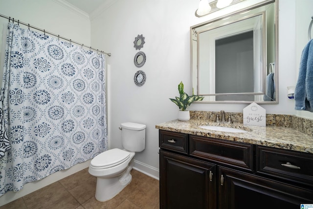 bathroom featuring toilet, crown molding, tile patterned floors, a shower with shower curtain, and vanity