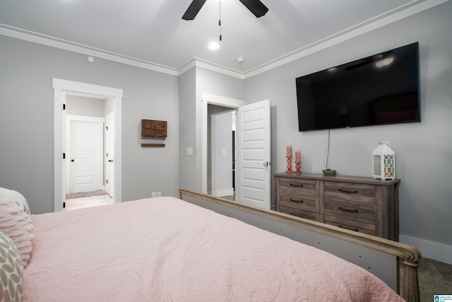 bedroom with ceiling fan and ornamental molding