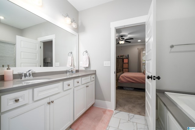 bathroom featuring ceiling fan, vanity, and crown molding