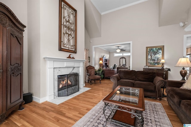 living room with crown molding, a fireplace, light hardwood / wood-style floors, and a towering ceiling