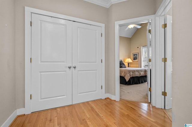 interior space with crown molding, a closet, and light hardwood / wood-style flooring