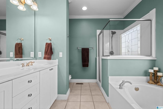 full bathroom with crown molding, vanity, separate shower and tub, and tile patterned flooring