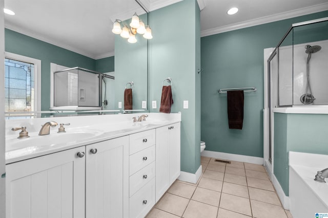 full bathroom with toilet, separate shower and tub, ornamental molding, vanity, and tile patterned flooring