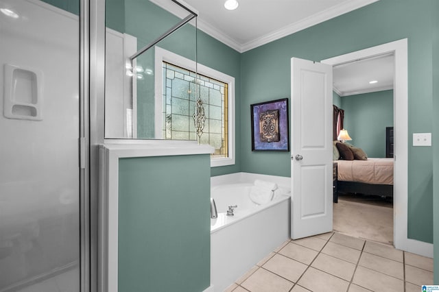 bathroom with ornamental molding, tile patterned floors, and plus walk in shower