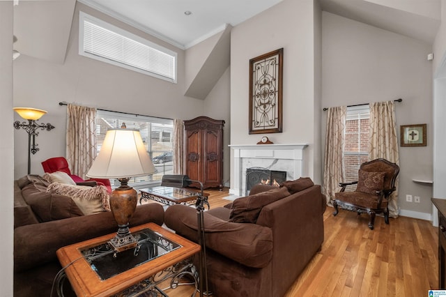 living room with crown molding, a premium fireplace, high vaulted ceiling, and light hardwood / wood-style flooring