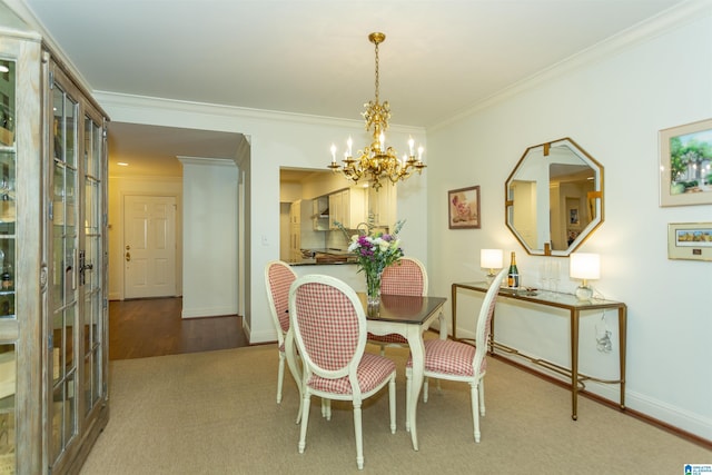 dining space featuring an inviting chandelier and ornamental molding