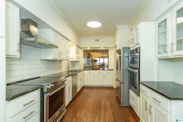 kitchen featuring tasteful backsplash, white cabinetry, high end appliances, wall chimney range hood, and sink