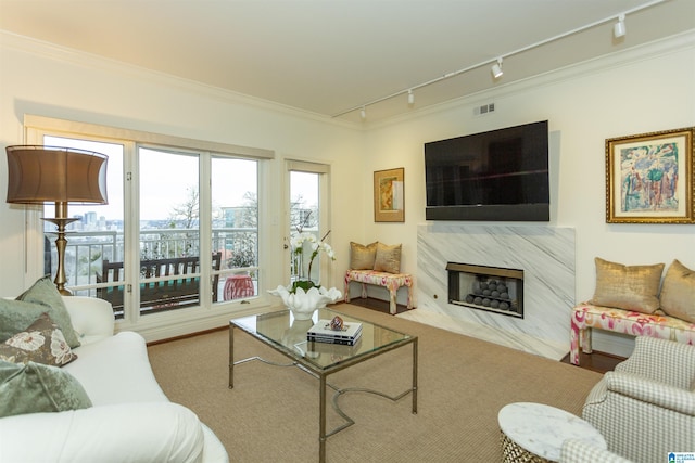 living room featuring a premium fireplace, rail lighting, and crown molding