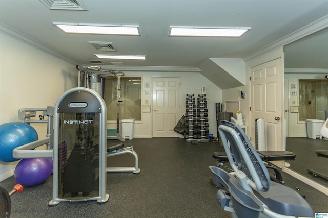 exercise room with ornamental molding