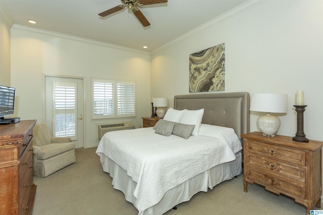 bedroom featuring crown molding, light colored carpet, a wall mounted air conditioner, and ceiling fan