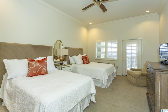 bedroom with ceiling fan, light carpet, and ornamental molding