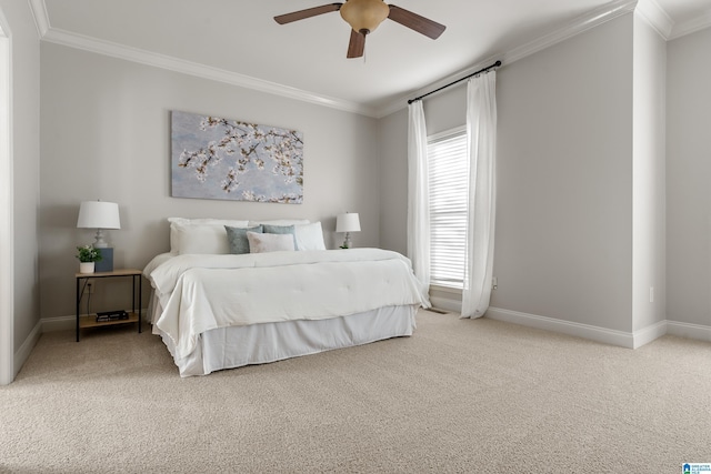 bedroom featuring ceiling fan, crown molding, carpet floors, and multiple windows