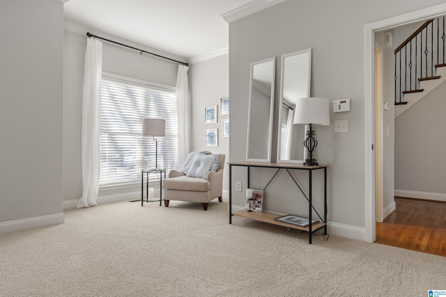 sitting room with crown molding and carpet floors