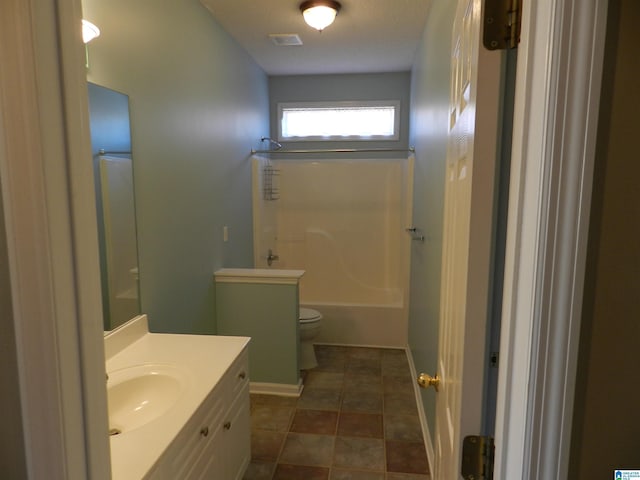 full bathroom with toilet, washtub / shower combination, and vanity