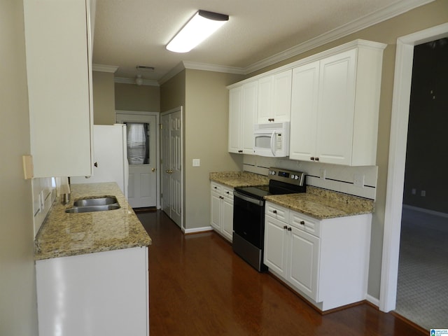 kitchen with white cabinetry, sink, ornamental molding, stainless steel electric range oven, and light stone counters