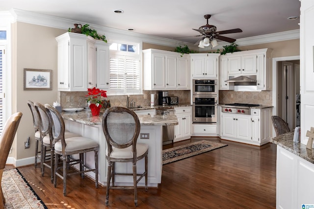 kitchen featuring white cabinets, backsplash, light stone countertops, and appliances with stainless steel finishes