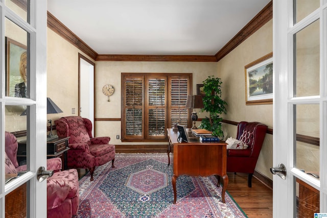 office space with hardwood / wood-style floors and ornamental molding