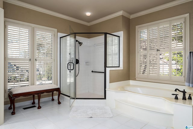 bathroom with tile patterned flooring, crown molding, a healthy amount of sunlight, and plus walk in shower