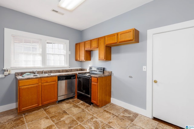 kitchen featuring sink, stainless steel dishwasher, and black electric range oven