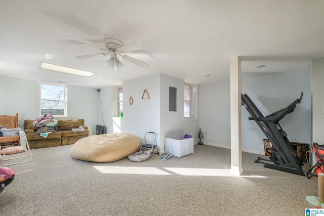 interior space featuring ceiling fan, carpet flooring, and electric panel