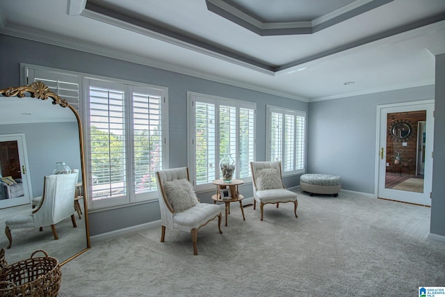 living area with a raised ceiling, crown molding, and light carpet