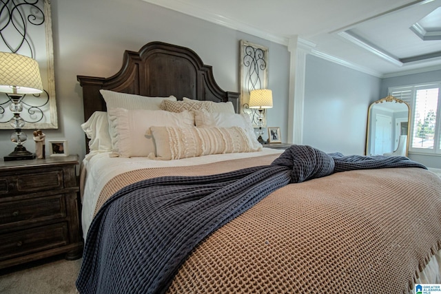 carpeted bedroom featuring crown molding