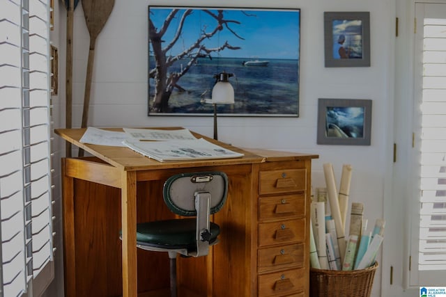 home office with wooden walls