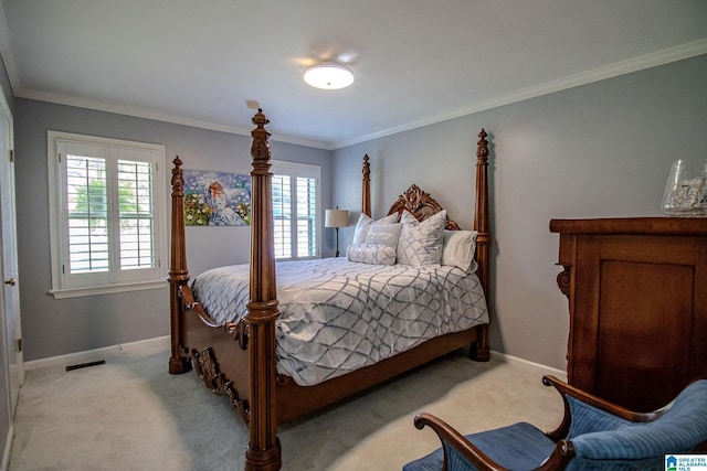 carpeted bedroom with crown molding