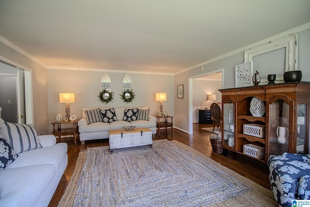 living room with crown molding and dark hardwood / wood-style flooring