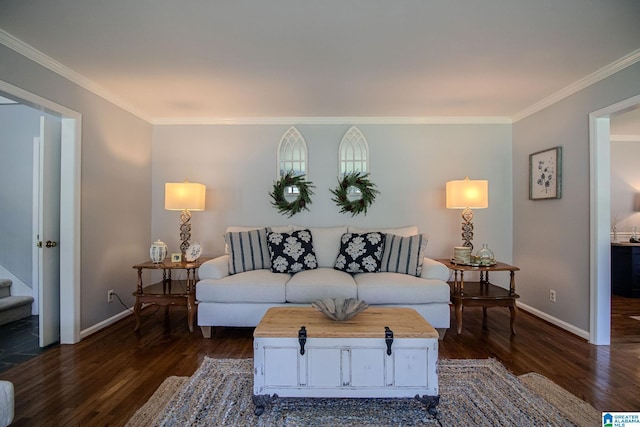 living room with dark hardwood / wood-style floors and crown molding