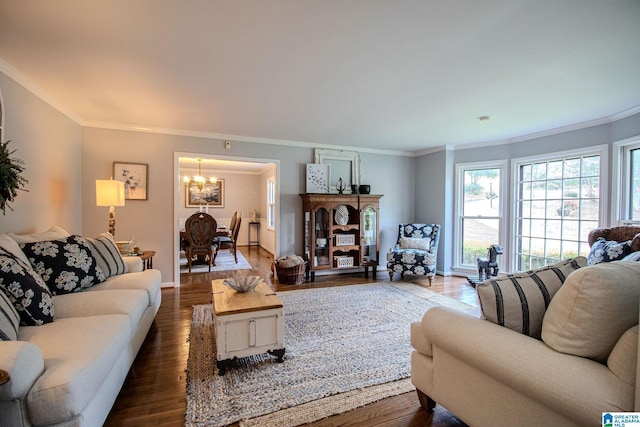 living room featuring dark hardwood / wood-style floors, ornamental molding, and a notable chandelier