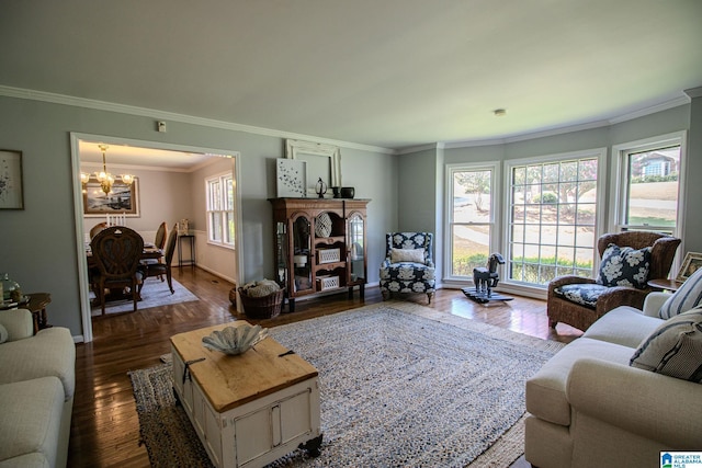 living room with dark hardwood / wood-style flooring, crown molding, and a notable chandelier