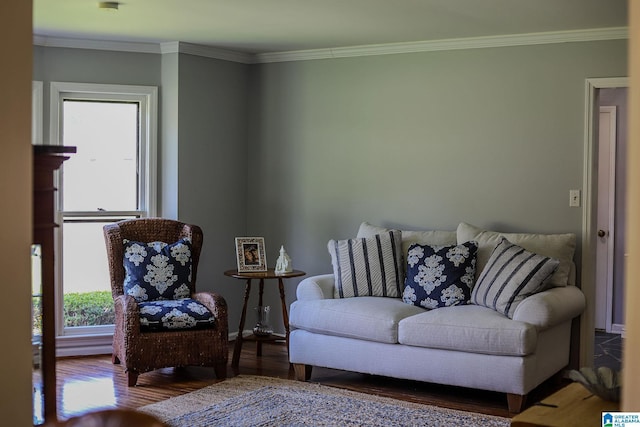 sitting room featuring ornamental molding and hardwood / wood-style floors