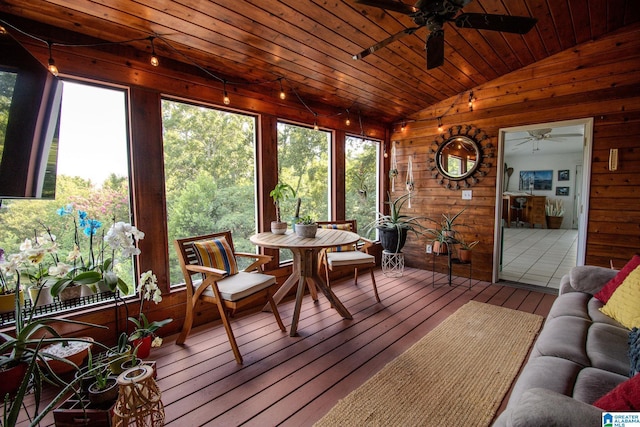 sunroom / solarium with wood ceiling, ceiling fan, and lofted ceiling