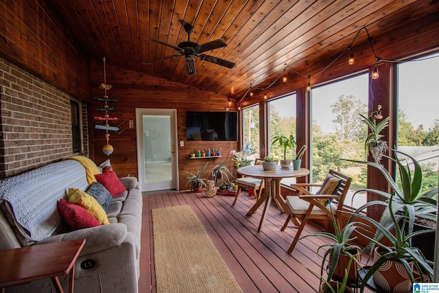 sunroom / solarium featuring ceiling fan, wooden ceiling, and lofted ceiling