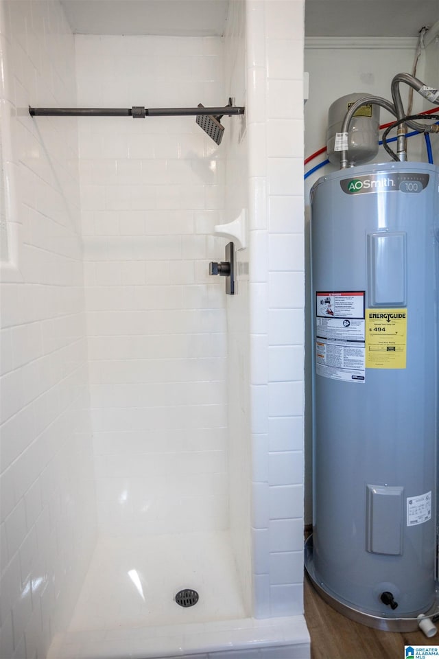 bathroom featuring hardwood / wood-style floors, water heater, and a shower