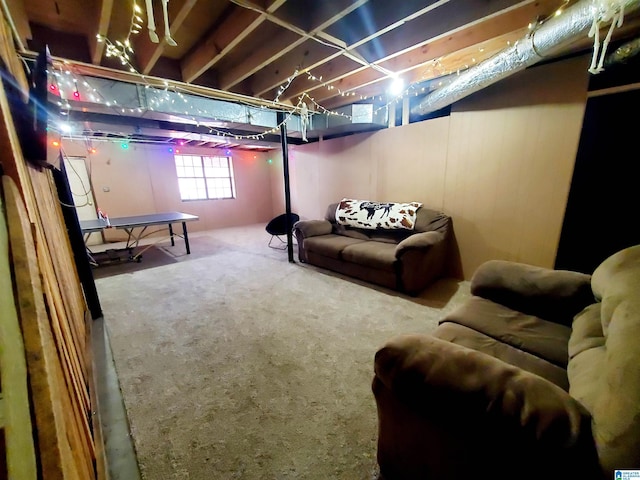 basement with carpet flooring