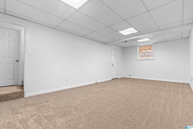 basement featuring carpet floors and a paneled ceiling