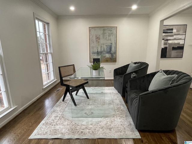 living room featuring crown molding and dark wood-type flooring