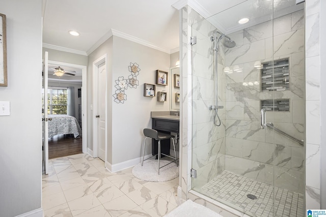 bathroom with crown molding, walk in shower, and ceiling fan