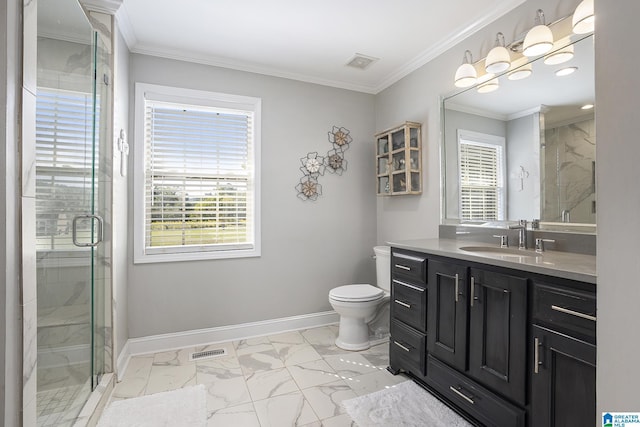 bathroom featuring vanity, toilet, walk in shower, and ornamental molding