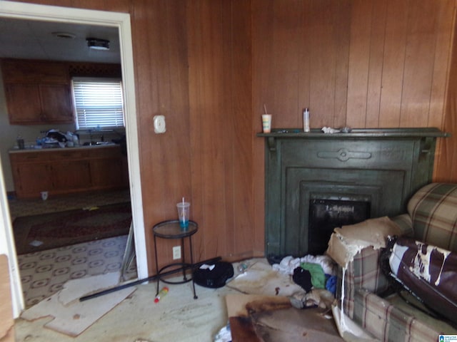 living room featuring wood walls