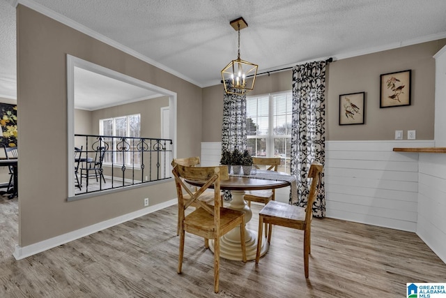 dining space featuring a healthy amount of sunlight, ornamental molding, a textured ceiling, and wood-type flooring