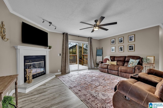 living room featuring light wood-type flooring, a textured ceiling, ceiling fan, and ornamental molding