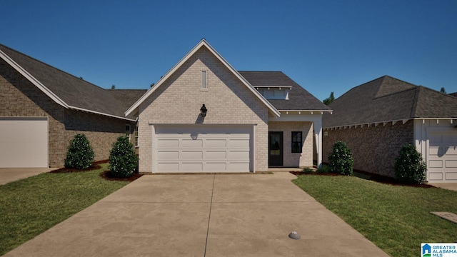 view of front of home with a garage and a front lawn