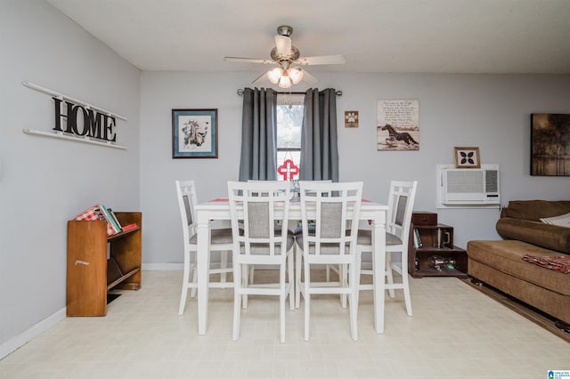 dining area with ceiling fan and a wall mounted air conditioner