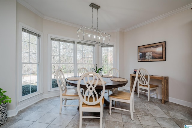 dining area with ornamental molding, light tile patterned floors, and a notable chandelier