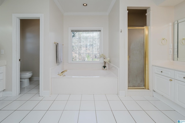 full bathroom with ornamental molding, vanity, plus walk in shower, and tile patterned flooring