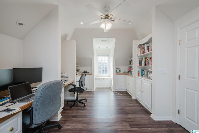 office with vaulted ceiling, dark hardwood / wood-style floors, and ceiling fan