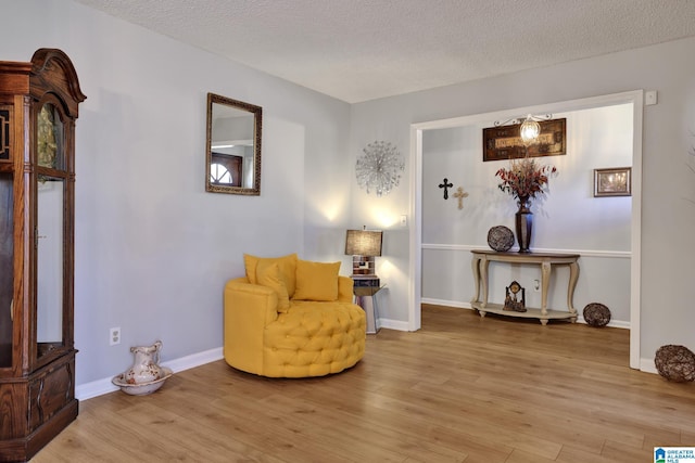 living area featuring hardwood / wood-style flooring and a textured ceiling